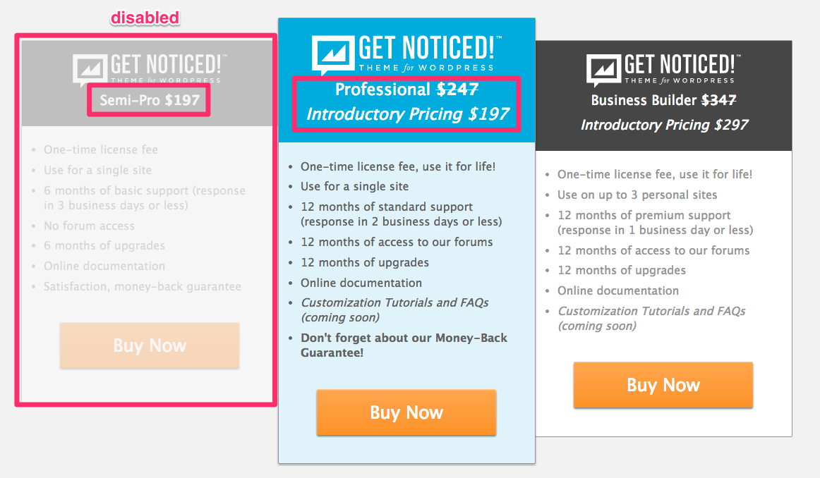Pricing plan for "Get Noticed" WordPress theme
