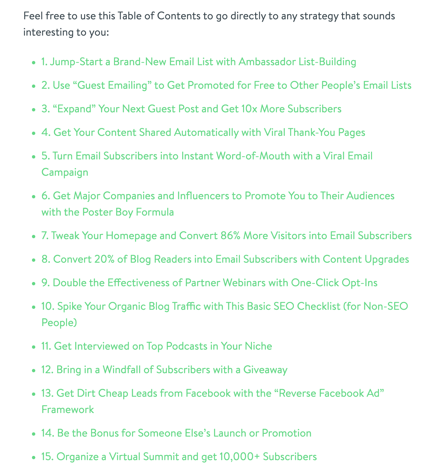 Table of Contents from Growth Tools: 15 tactics to grow an email list