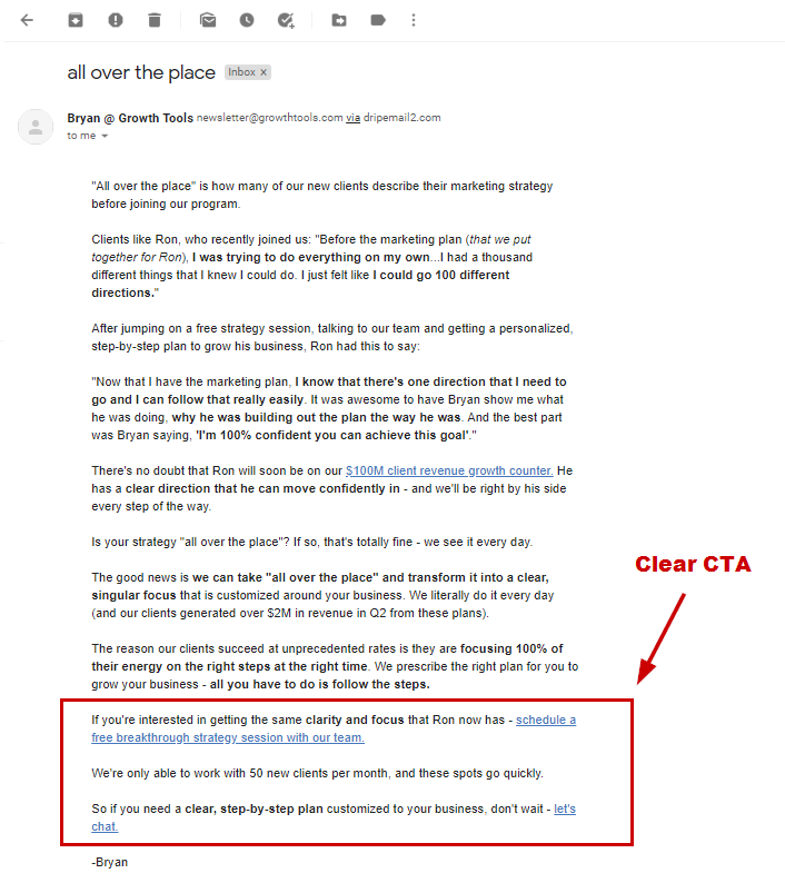 An email from Bryan of Growth Tools with a clear CTA at the bottom