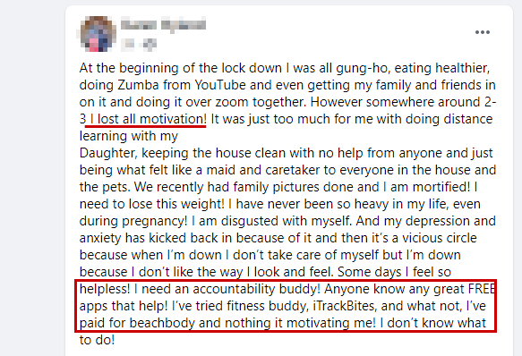 "I lost all motivation!" A facebook post from someone trying to lose weight with a lack of motivation.