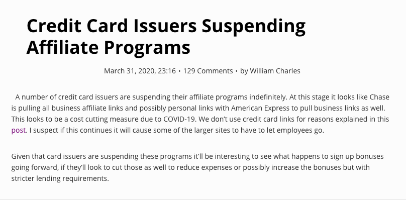 Credit Card Issues Suspending Affiliate Programs: March 2020