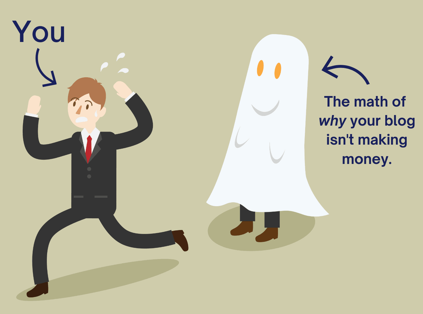 You vs. the math of why your blog isn't making money (A cartoon image of a man running away from a ghost)