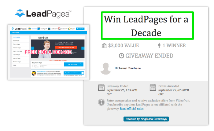 A preview of the contest to win 10 years of free LeadPages!