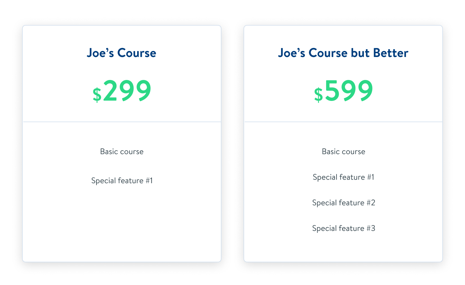 Joe's Course ($299) - Basic Course and 1 Special Feature; vs Joe's Course But Better ($599) - Basic Course and 3 Special Features