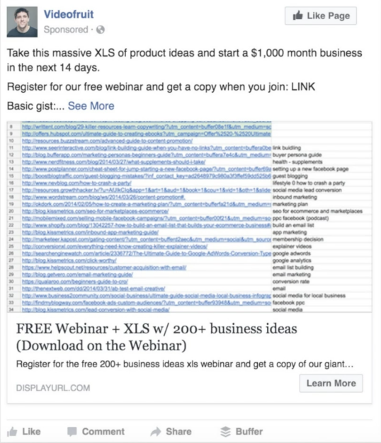 Videofruit's FB ad promoting the webinar/XLS