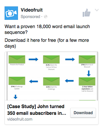 Videofruit FB Ad: Want a proven 18,000 word email launch sequence? Download it here for free.