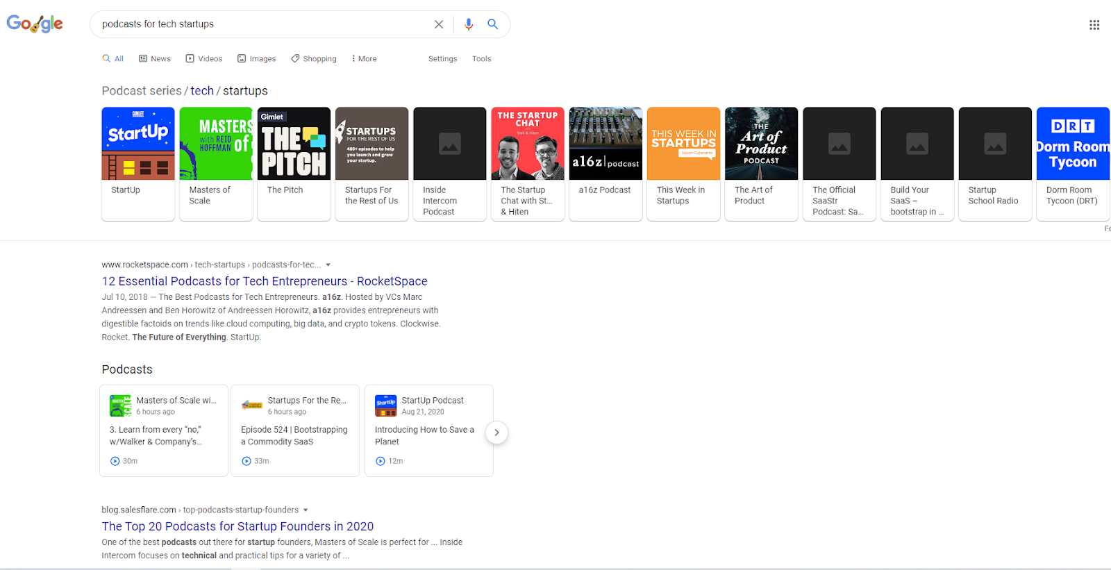 "Podcasts for tech startups" Google results page 1