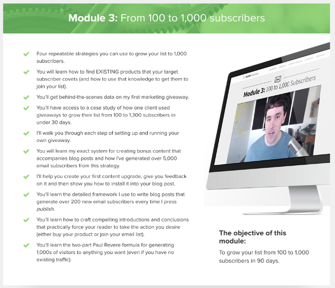 Module 3: From 100 to 1,000 Subscribers (with a bullet point breakdown of what you can expect to learn).