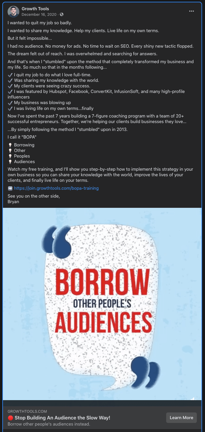 An example of a free Growth Tools mini-training: "Borrow Other People's Audiences"